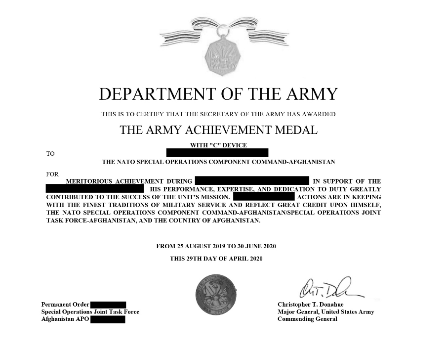 Certificate “Hadad” received from the United States Army